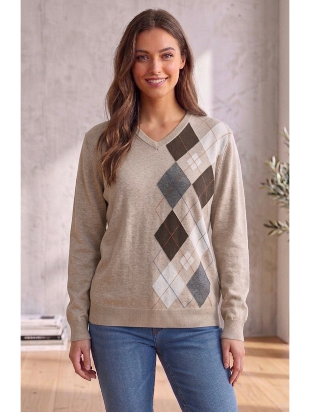 Old Navy Grandpa sweater tan argyle stretchy cotton long sleeve casual womens M